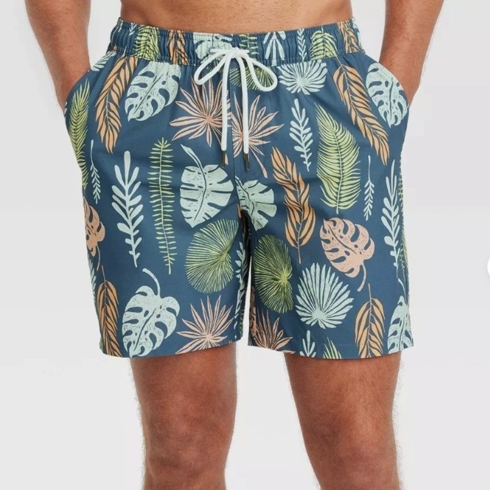 Goodfellow & Co Mens Tropical Leaf Swim Trunks Blue XL‎ 7 Inch Inseam New